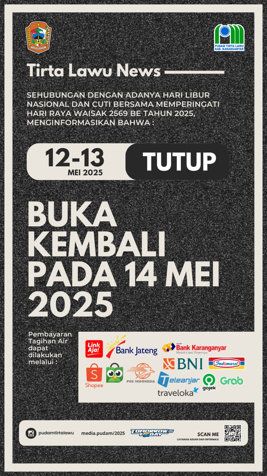 PENGUMUMAN PELAYANAN PDAM TIRTA LAWU KAB. KARANGANYAR