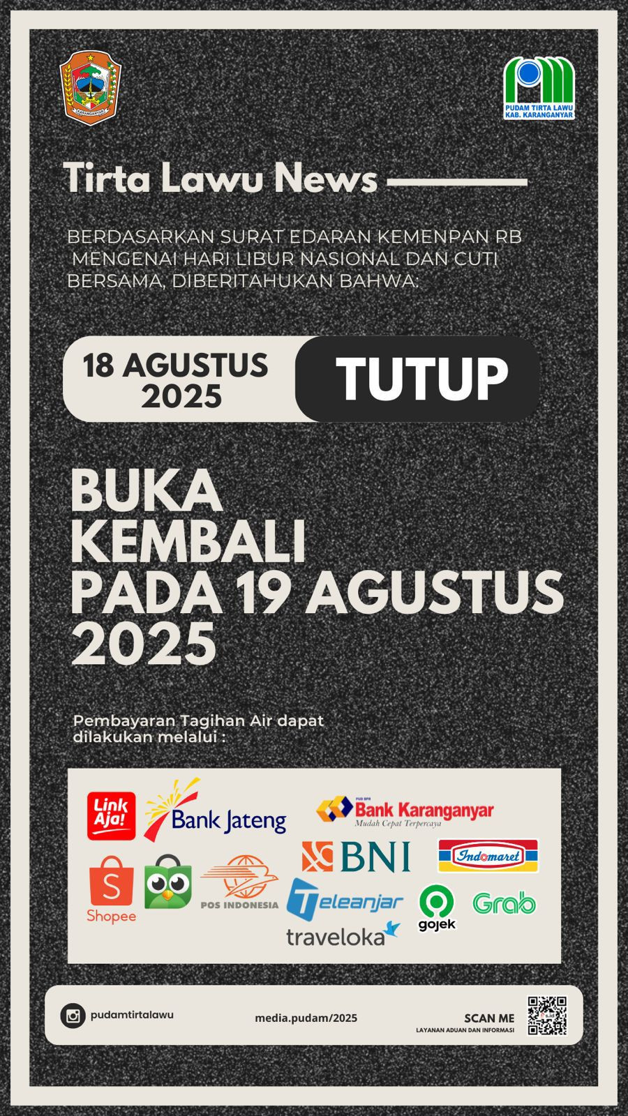 PUDAM TIRTA LAWU TUTUP 18 AGUSTUS 2025, BUKA KEMBALI 19 AGUSTUS 2025