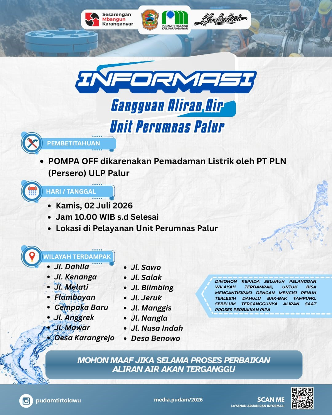 IMBAS PEMADAMAN LISTRIK PLN, ALIRAN AIR PUDAM TIRTA LAWU UNIT PALUR DIPERKIRAKAN TERGANGGU