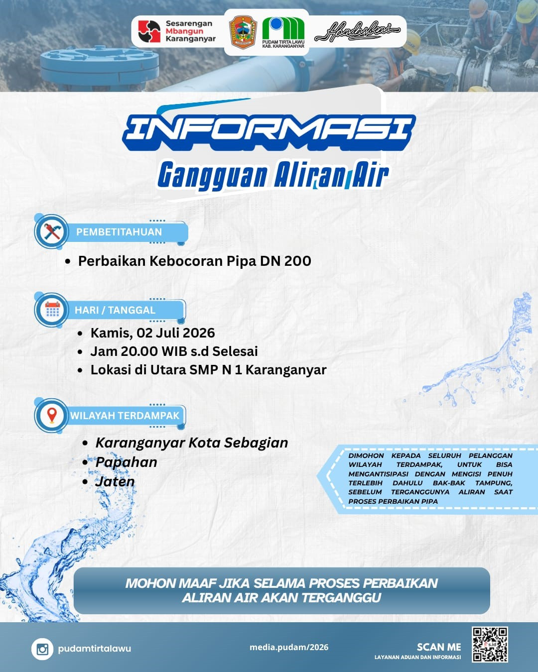 JADWAL PERBAIKAN PIPA PUDAM TIRTA LAWU KAMIS 2 JULI 2026 INILAH WILAYAH YANG MENGALAMI GANGGUAN AIR