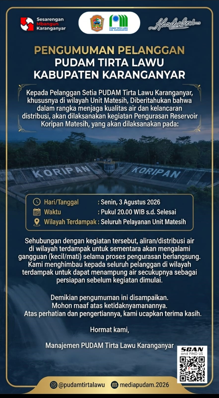 SIAP-SIAP TAMPUNG AIR PUDAM KARANGANYAR LAKUKAN PEMELIHARAAN RESERVOIR MATESIH MULAI PUKUL 20.00 WIB