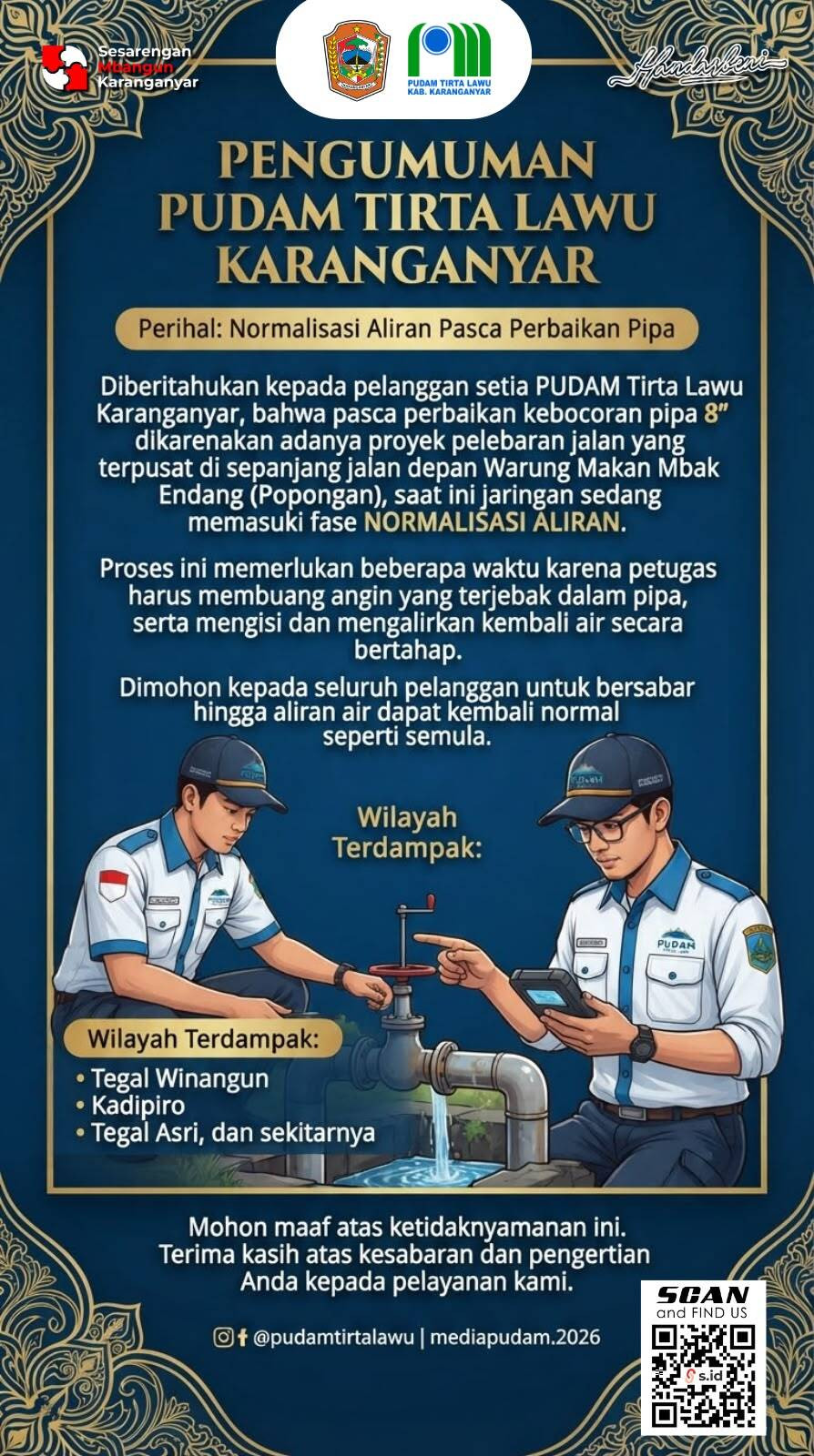 JARINGAN PIPA 8 INCI SELESAI DITANGANI, IMBAU PELANGGAN BERSABAR MENUNGGU PROSES FASE AKHIR