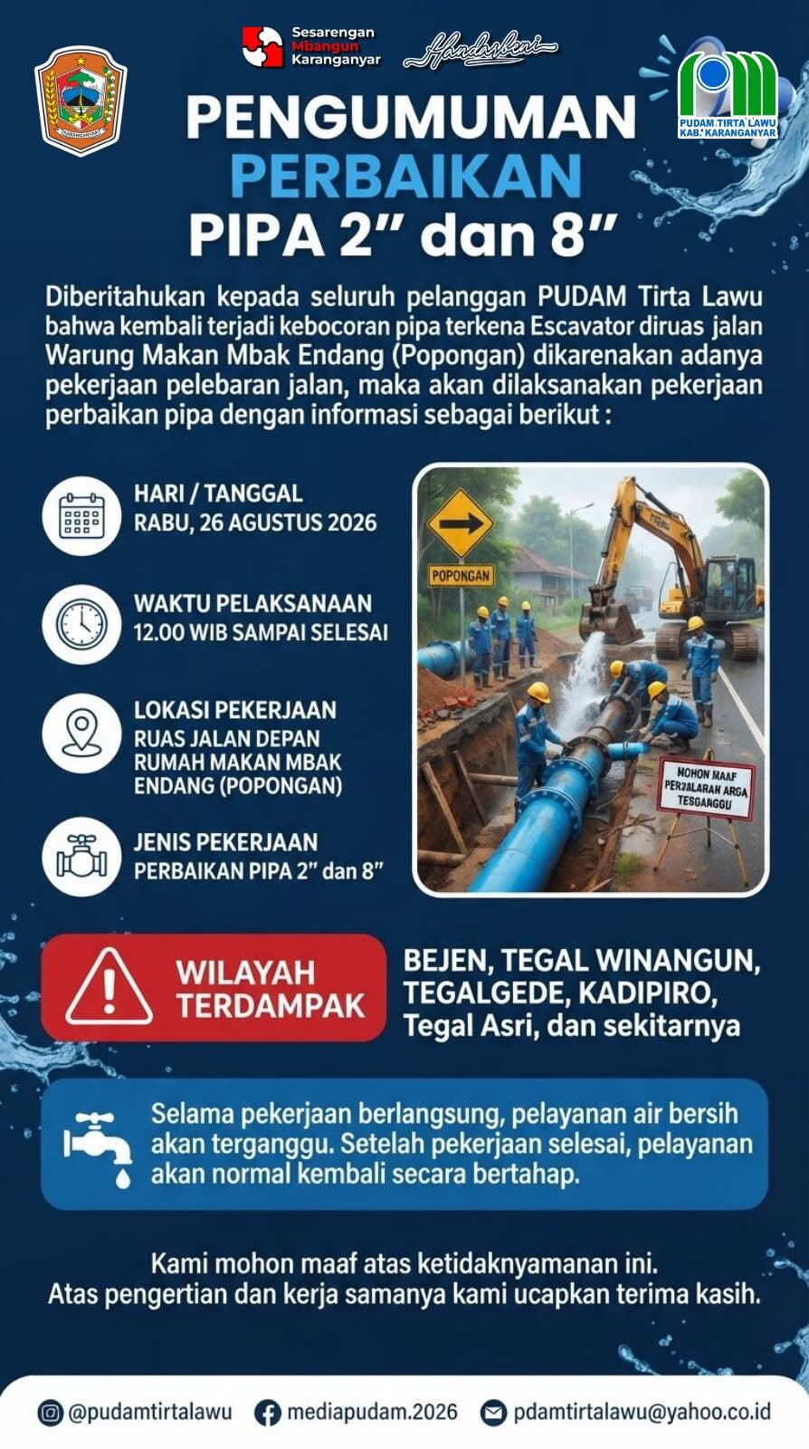 PUDAM TIRTA LAWU KARANGANYAR BERGERAK CEPAT TANGANI KEBOCORAN PIPA TERKENA EXCAVATOR DI POPONGAN