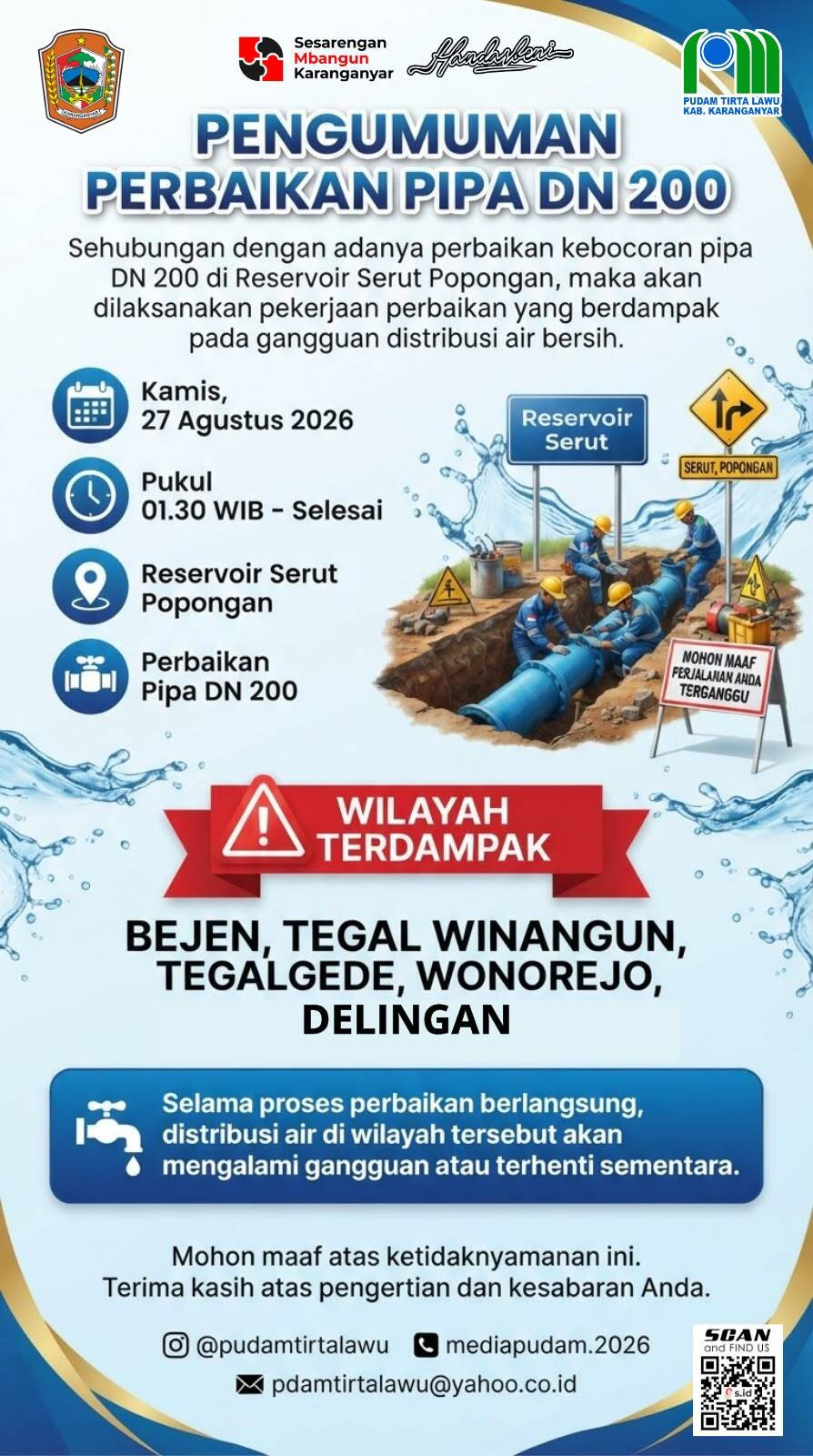 PERBAIKAN PIPA DN 200 RESERVOIR SERUT POPONGAN, DISTRIBUSI AIR DI SEJUMLAH WILAYAH TERGANGGU