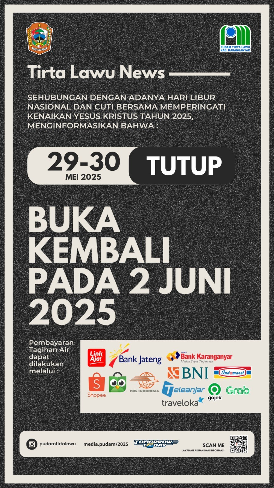 PENGUMUMAN LAYANAN PUDAM TIRTA LAWU