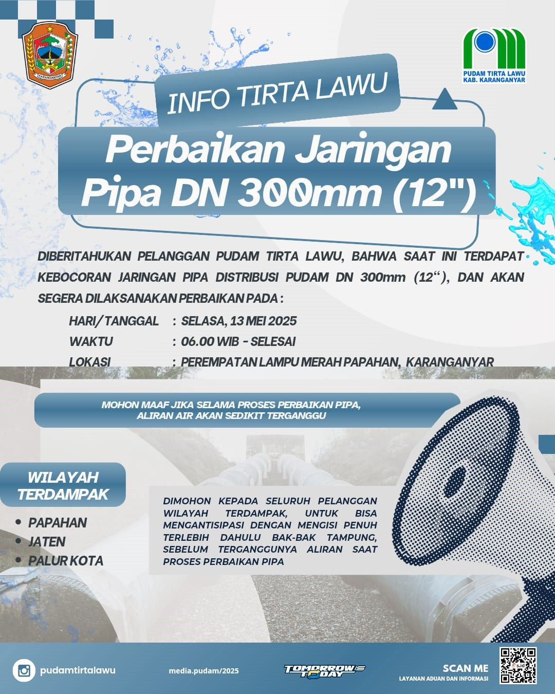PERBAIKAN JARINGAN PIPA DN 300MM, ALIRAN AIR DI TIGA WILAYAH KARANGANYAR TERGANGGU SEMENTARA