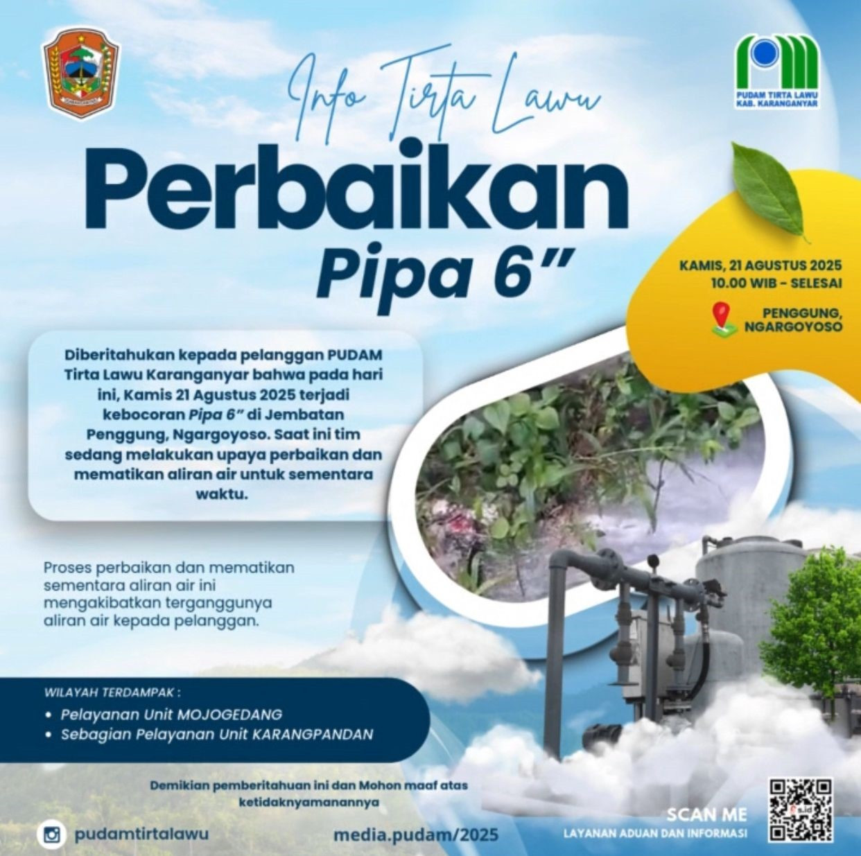 PERBAIKAN PIPA 6 INCI MENGGANGGU PASOKAN AIR DI MOJOGEDANG DAN KARANGPANDAN