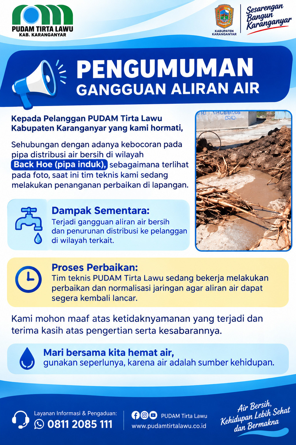 PUDAM TIRTA LAWU TINDAK LANJUTI KEBOCORAN PIPA DISTRIBUSI, PERBAIKAN SEGERA DILAKUKAN