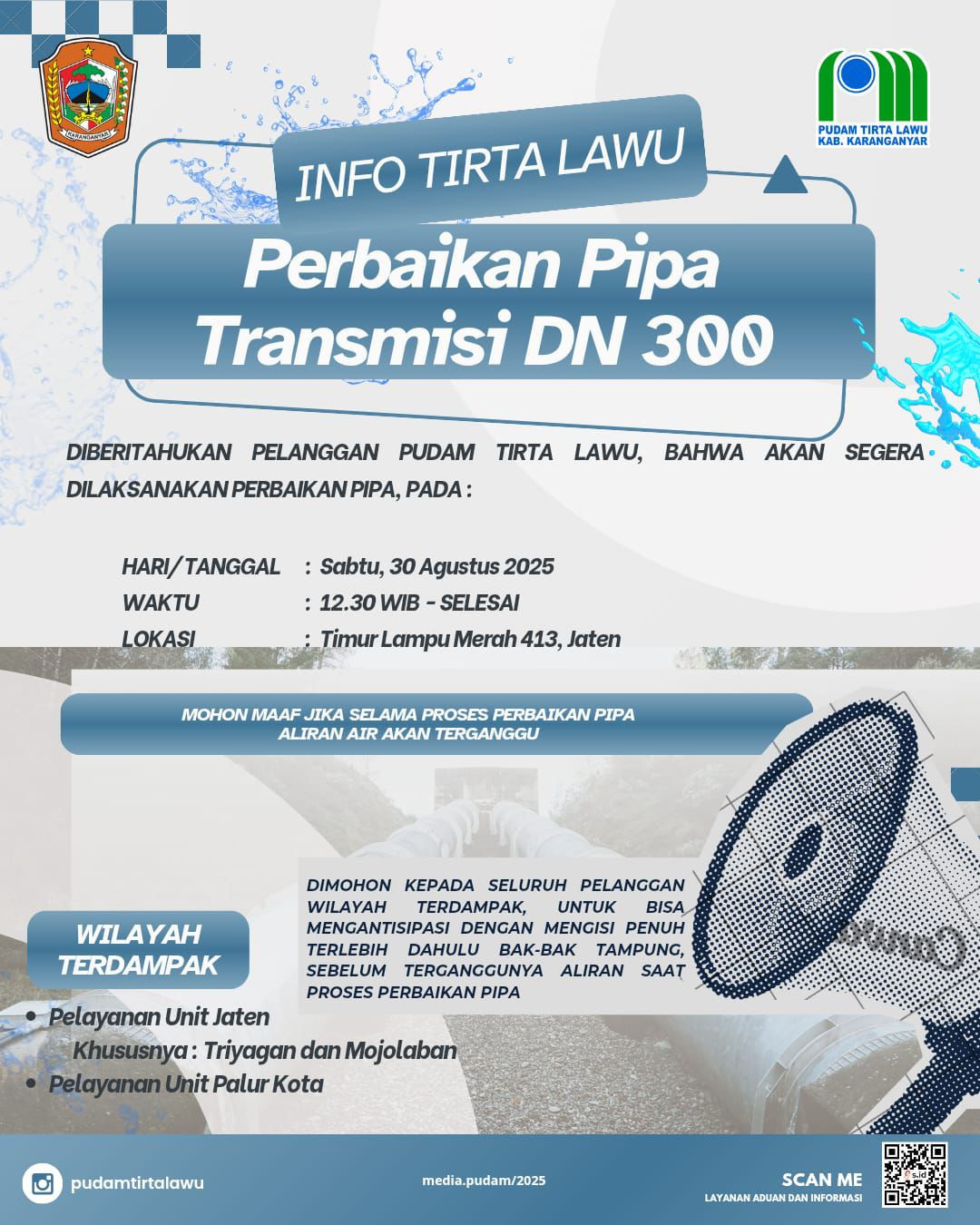 PERBAIKAN PIPA TRANSMISI DN 300 DI JATEN, ALIRAN AIR TERGANGGU SEMENTARA