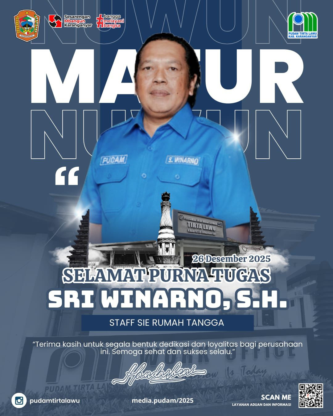 SELAMAT PURNA TUGAS SRI WINARNO, S.H.: APRESIASI ATAS DEDIKASI DAN LOYALITAS UNTUK PUDAM TIRTA LAWU