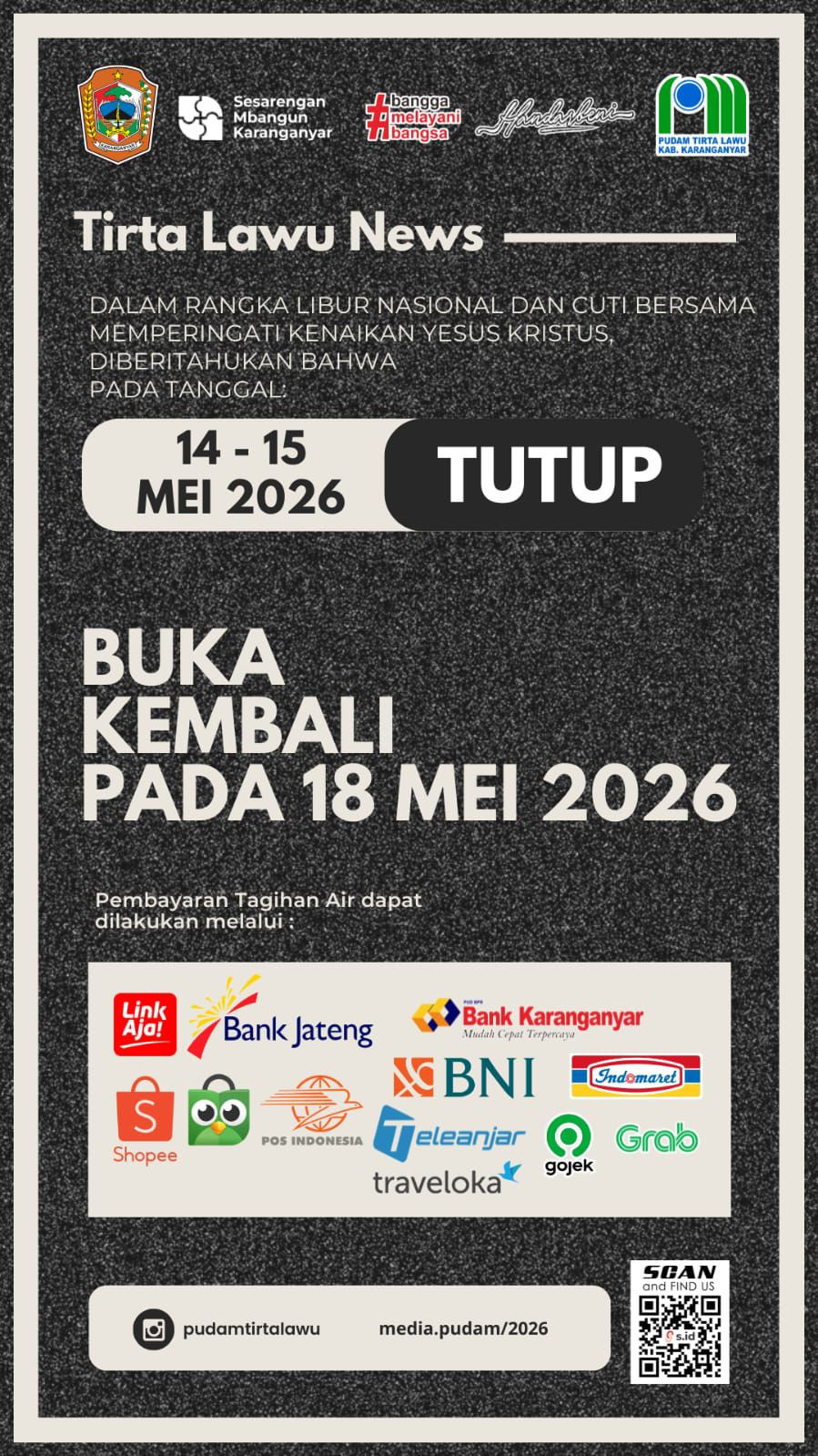 PELAYANAN KANTOR PUDAM TIRTA LAWU TUTUP SEMENTARA SAAT LIBUR NASIONAL