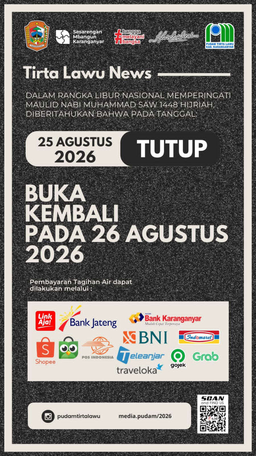 LIBUR NASIONAL MAULID NABI, PELAYANAN KANTOR PUDAM TIRTA LAWU DITUTUP SEMENTARA