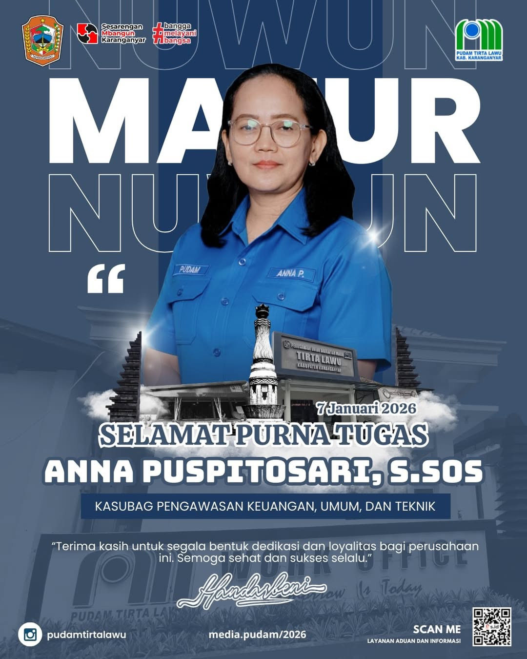 SELAMAT PURNA TUGAS ANNA PUSPITOSARI, S.SOS PENGABDIAN PANJANG PENUH DEDIKASI UNTUK PUDAM TIRTA LAWU