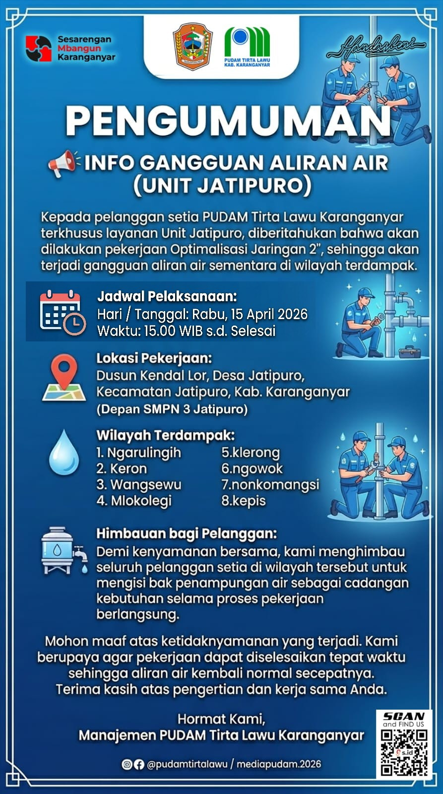 PENGUMUMAN GANGGUAN ALIRAN AIR UNIT JATIPURO AKIBAT OPTIMALISASI JARINGAN