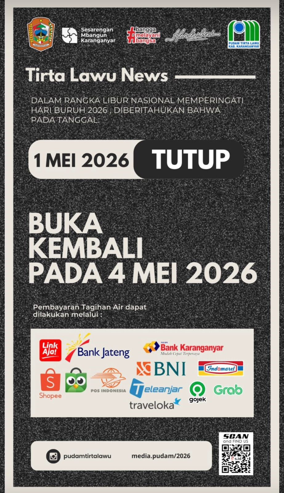 LAYANAN KANTOR PUDAM TIRTA LAWU LIBUR PADA 1 MEI 2026, BUKA KEMBALI 4 MEI 2026
