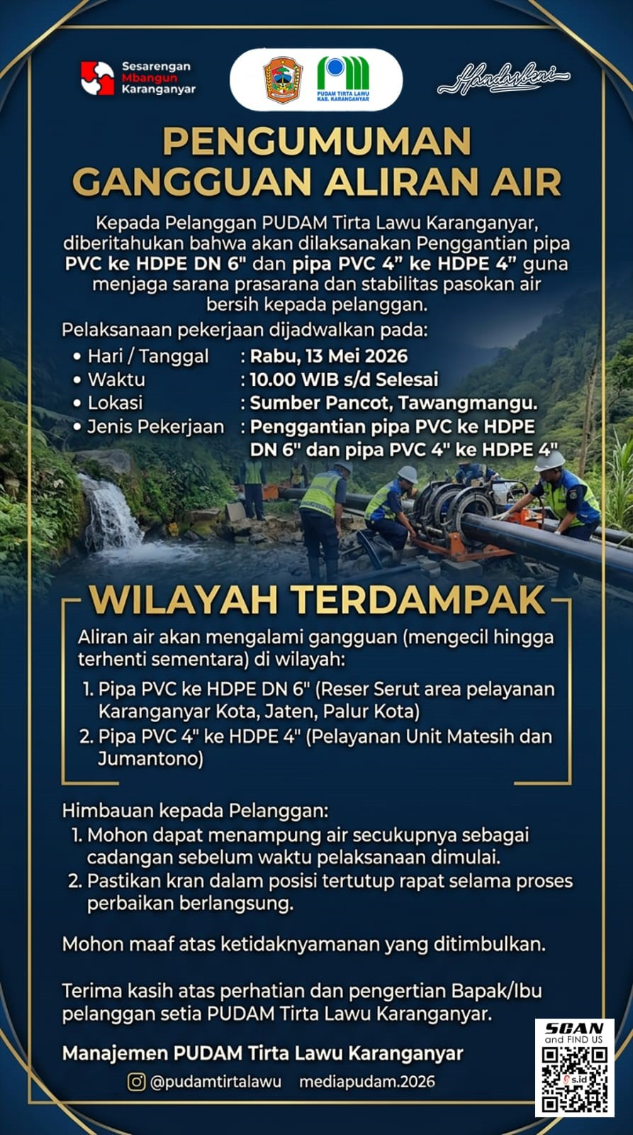 PUDAM TIRTA LAWU LAKUKAN PENINGKATAN JARINGAN PIPA, SEJUMLAH WILAYAH ALAMI GANGGUAN ALIRAN AIR