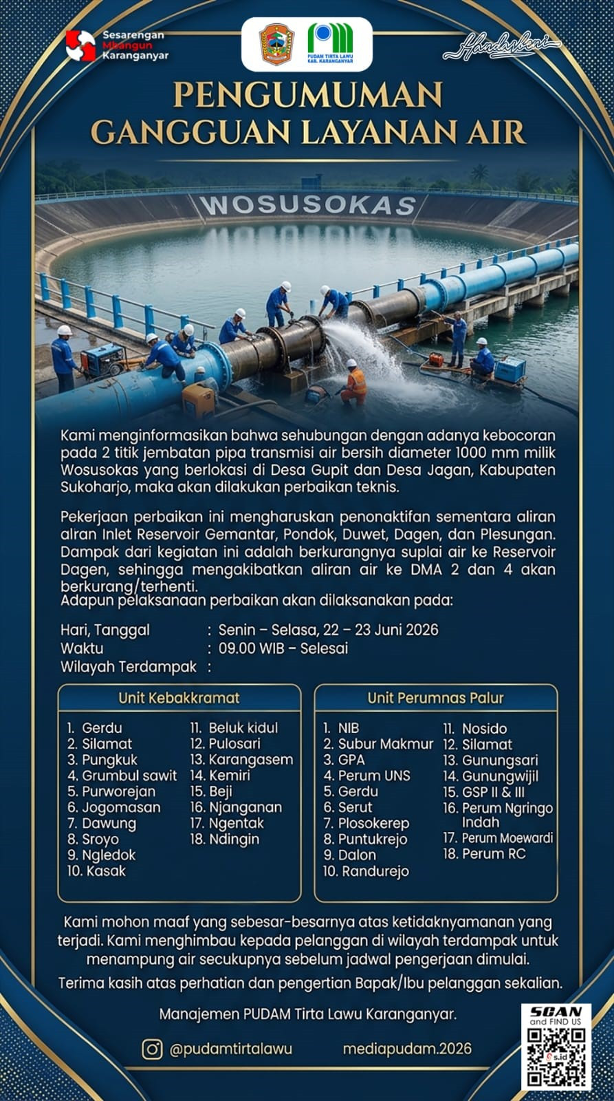 GANGGUAN LAYANAN AIR PUDAM TIRTA LAWU PERBAIKAN KEBOCORAN PIPA TRANSMISI WOSUSOKAS DI SUKOHARJO