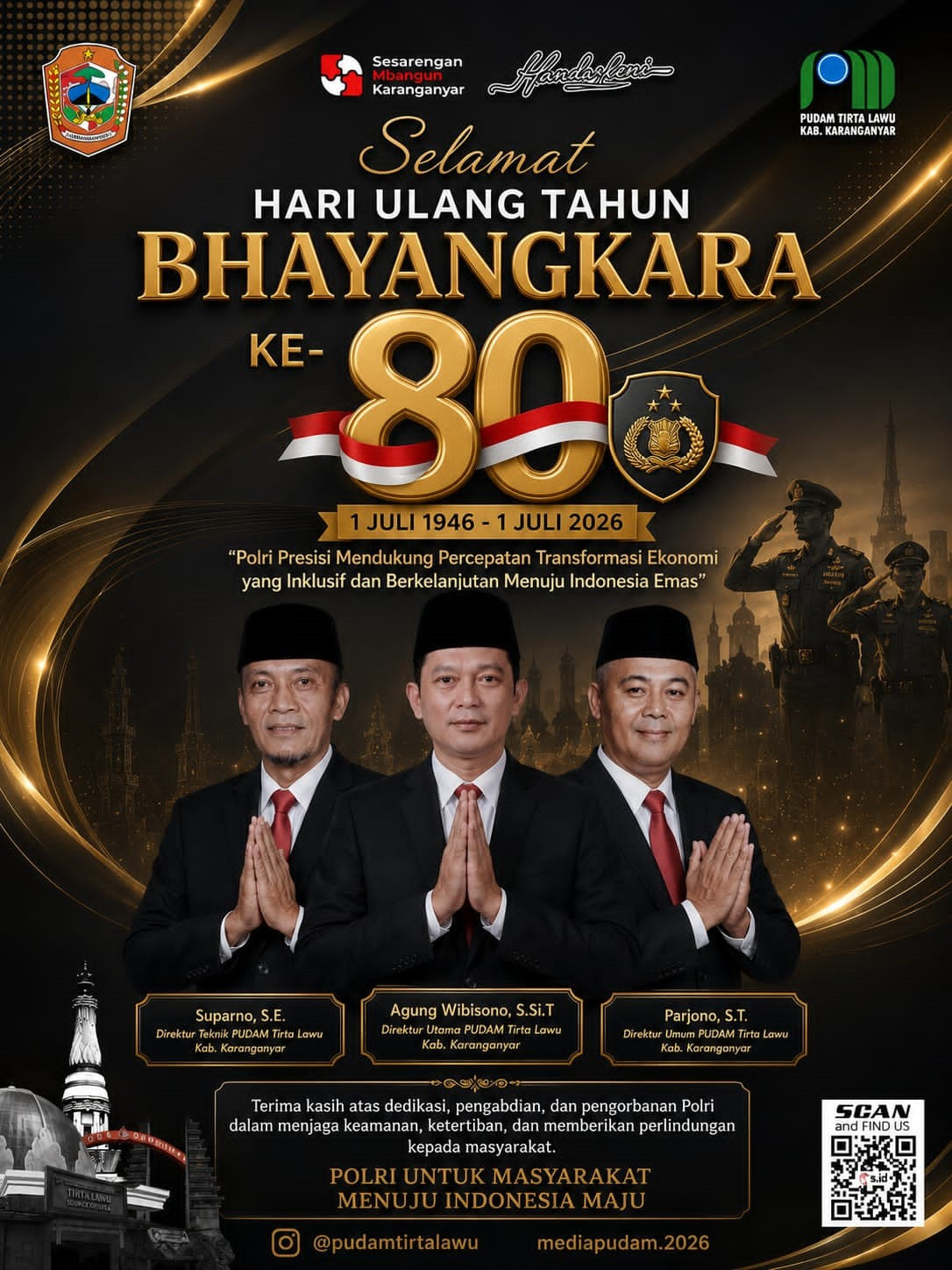 APRESIASI DEDIKASI POLRI, PUDAM TIRTA LAWU KARANGANYAR BERI UCAPAN SELAMAT HUT BHAYANGKARA KE-80