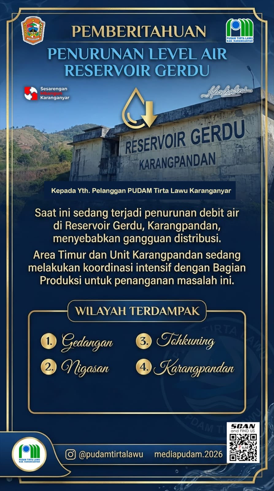 PENURUNAN LEVEL AIR RESERVOIR GERDU KARANGPANDAN GANGGU DISTRIBUSI AIR KE SEJUMLAH WILAYAH
