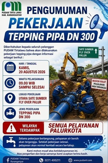 JAGA KUALITAS LAYANAN, PUDAM KARANGANYAR LAKUKAN PEKERJAAN TEPPING PIPA DN 300 DI AREA PALUR