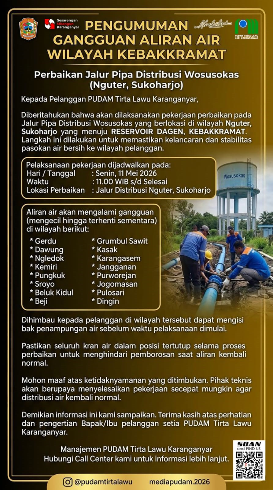PERBAIKAN JALUR PIPA DISTRIBUSI WOSUSOKAS, PELANGGAN WILAYAH KEBAKKRAMAT DIIMBAU MENAMPUNG AIR