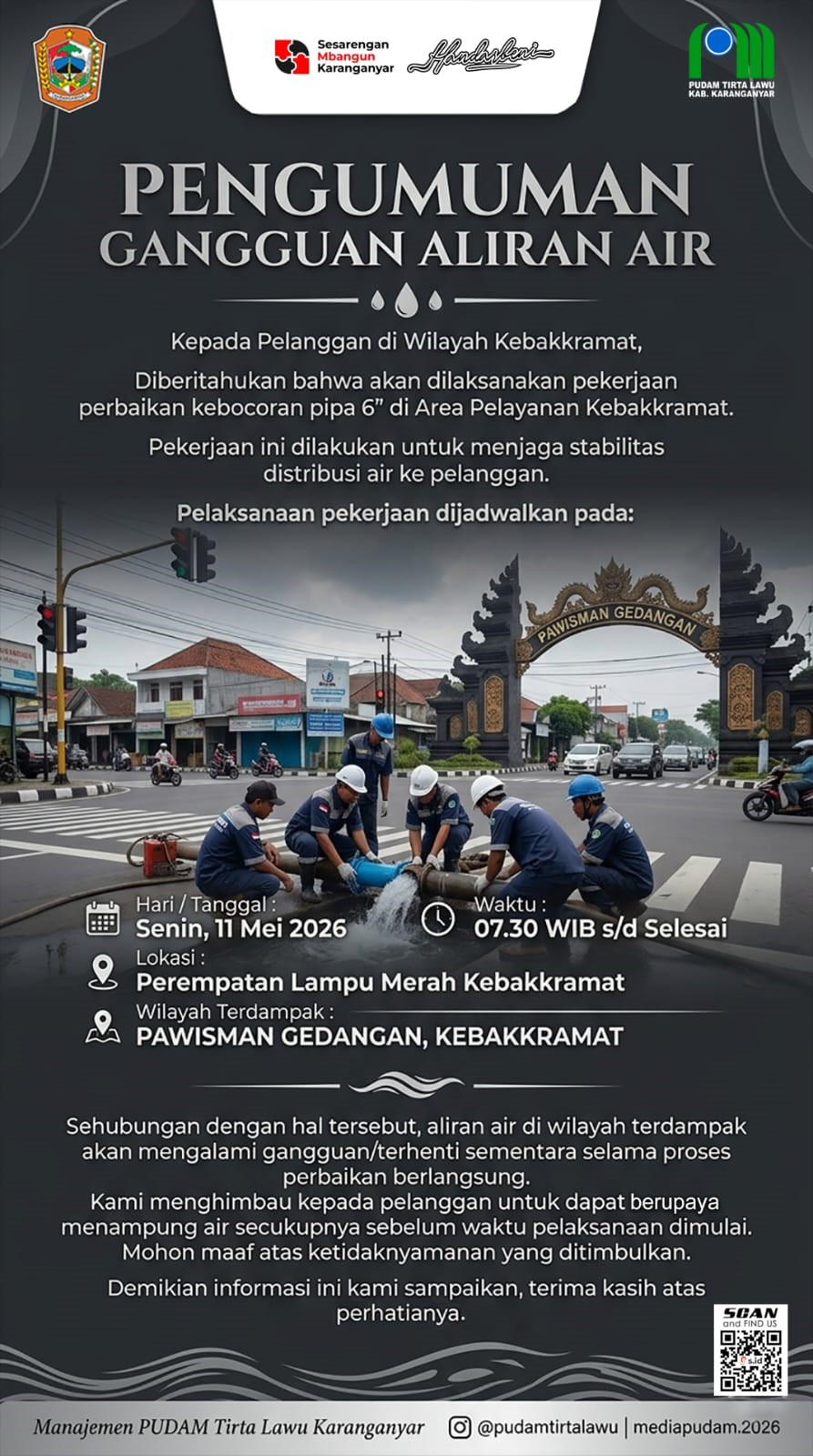 PERBAIKAN KEBOCORAN PIPA DISTRIBUSI 6 INCI, ALIRAN AIR WILAYAH KEBAKKRAMAT MENGALAMI GANGGUAN