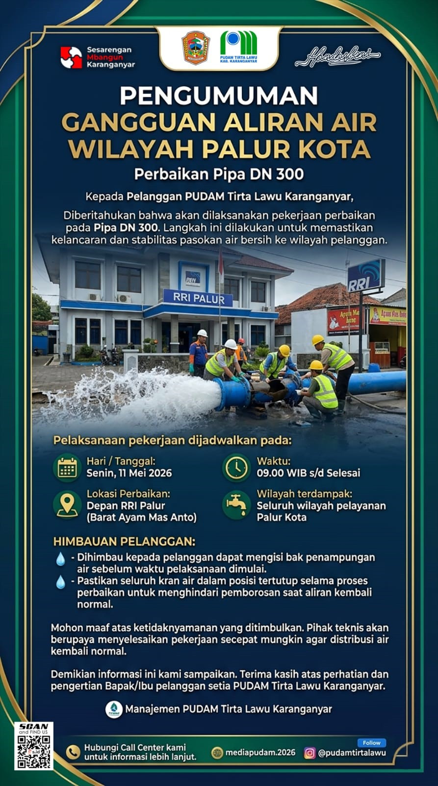 PERBAIKAN PIPA DN 300, DISTRIBUSI AIR WILAYAH PALUR KOTA MENGALAMI GANGGUAN SEMENTARA